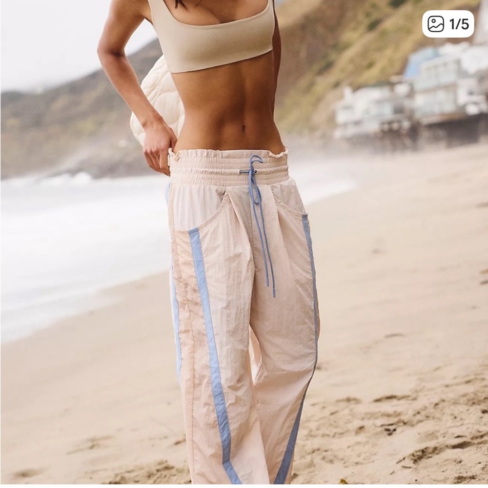 FREE PEOPLE Wide Leg Drawstring Pants in Light Beige with Blue Trim